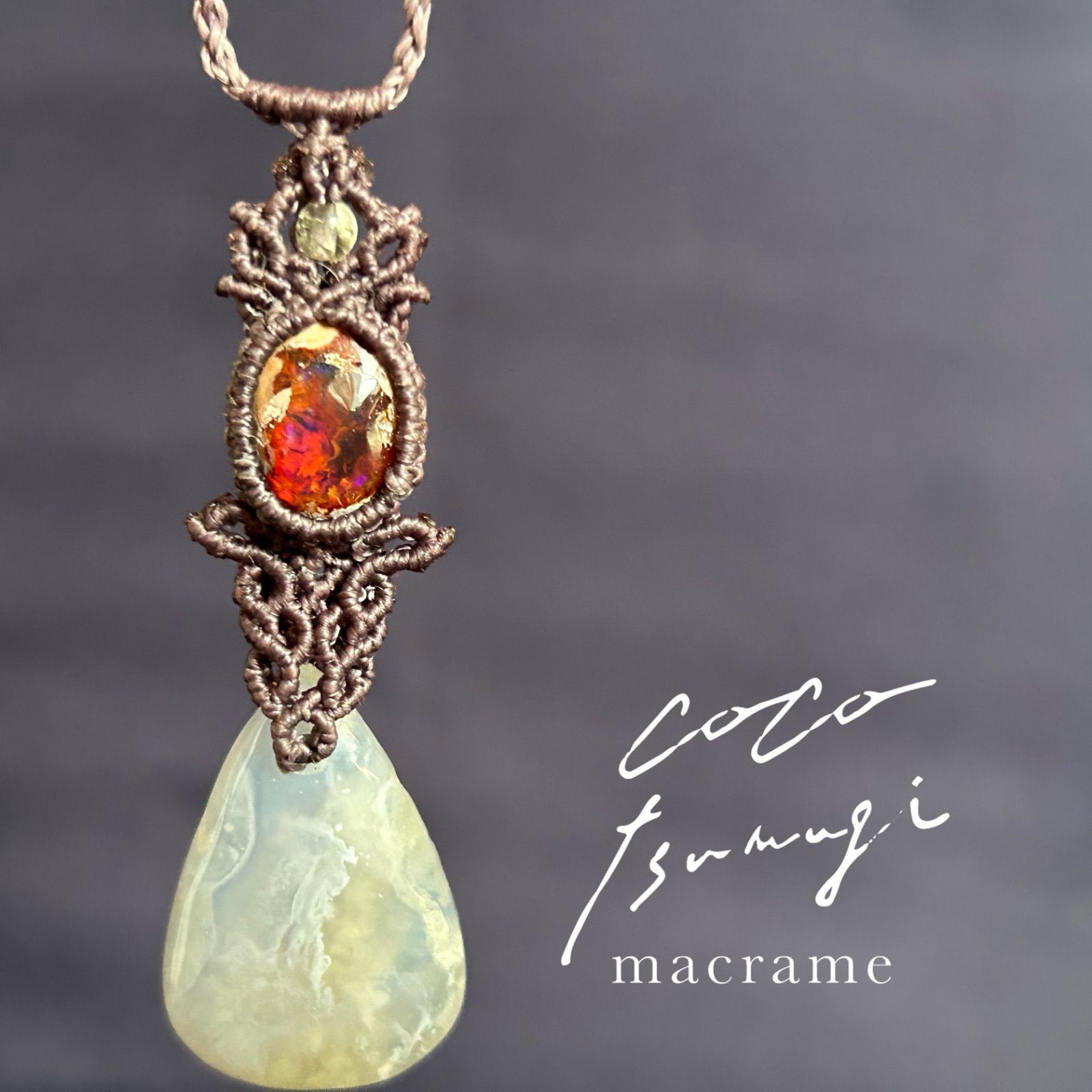 最高 カンテラオパールとブルーレースアゲートのマクラメネックレス 30