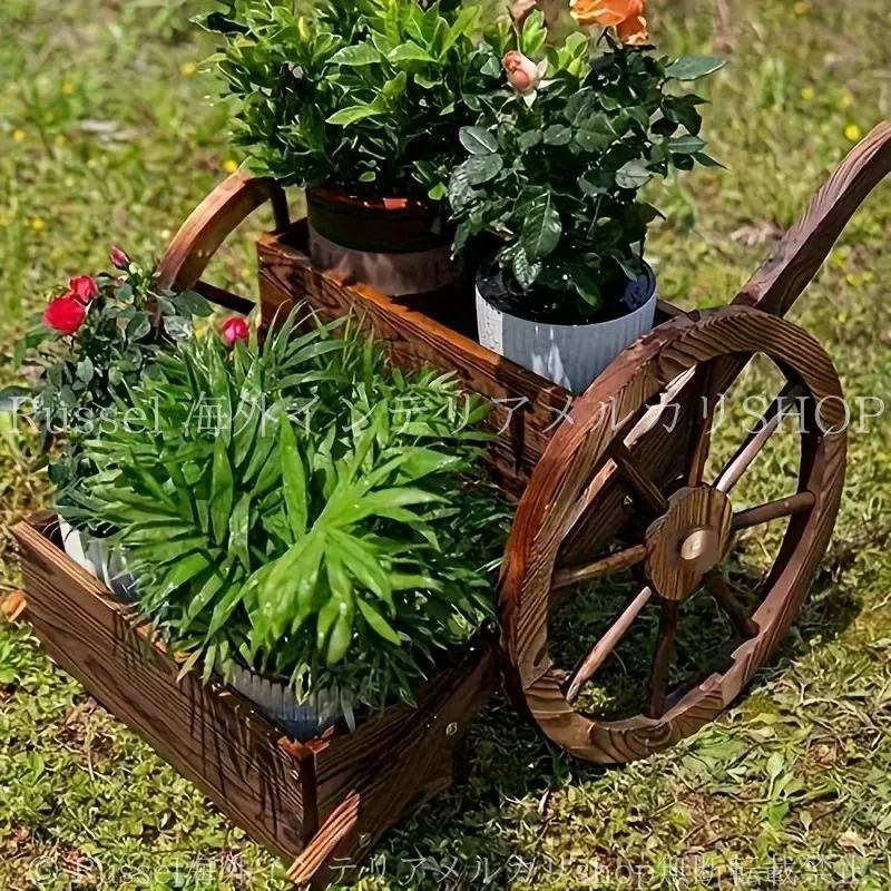ガーデンカート フラワーポット 無垢材 鉢植え プランタースタンド ガーデニング 庭 ガーデンデコ プランター 花 木製 バルコニー 屋外用 カフェ ベランダ お洒落 木製 4-7