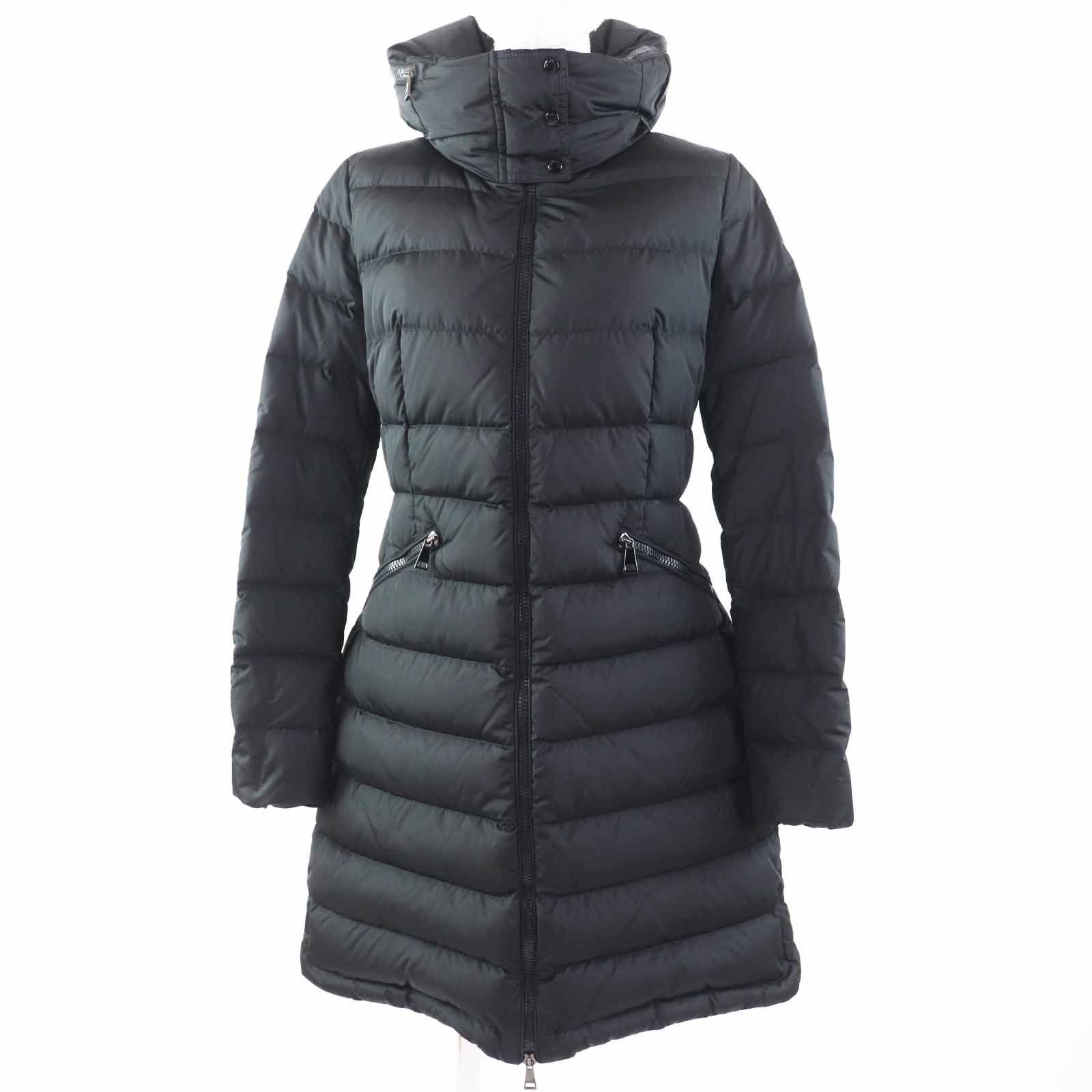 ◎MONCLER モンクレール FLAMMETTE フラメッテ ロゴワッペン 収納フード付き ロング ダウンコート ブラック 1 ハンガー ガーメント付き レディース