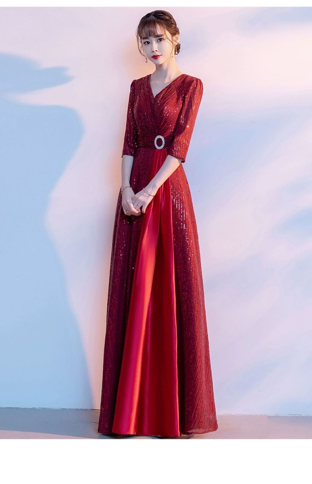 パーティードレス Vネック ワンピース ドレス パーティー 結婚式 袖あり ロング丈 ゆったり 体型カバー 発表会 フォーマル お呼ばれワンピース 披露宴 上品 Aライン シンプル きれいめ 大人 yuwei57 DZ30 MAAHADDERANG_COM