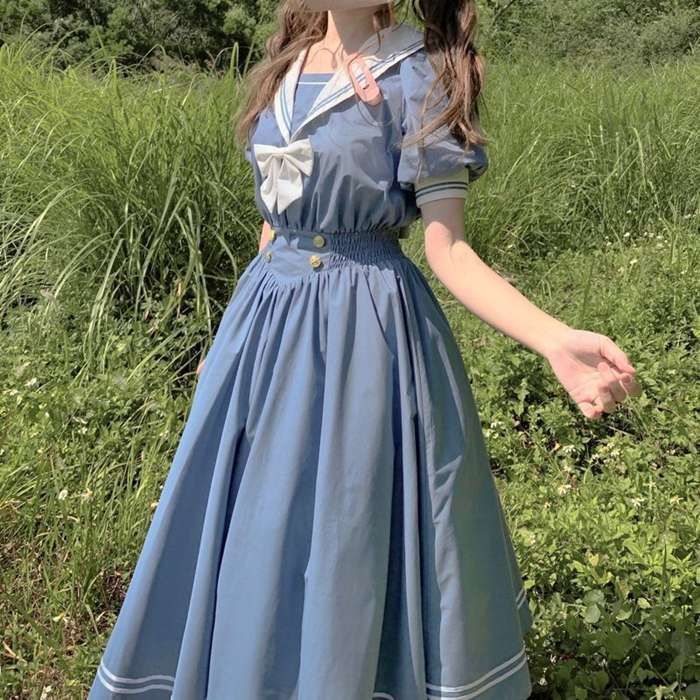 セーラー ワンピース レディース 襟付き 半袖 2色 S-XL フレア