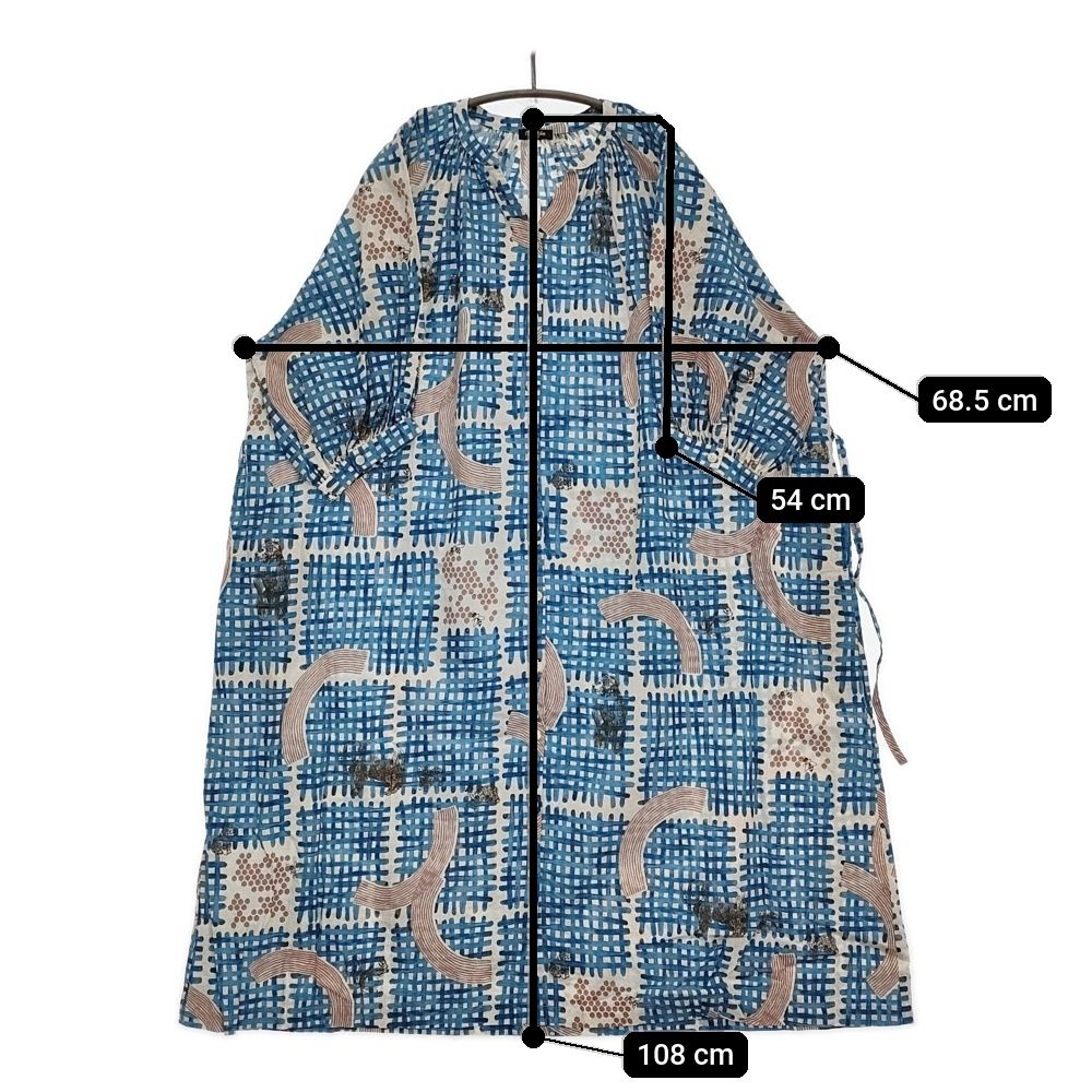 美品marble sud　バームクーヘンワンピース麻リネン綿コットン　総柄 marble sud バームクーヘン 総柄 熊 ギャザー コットンリネン