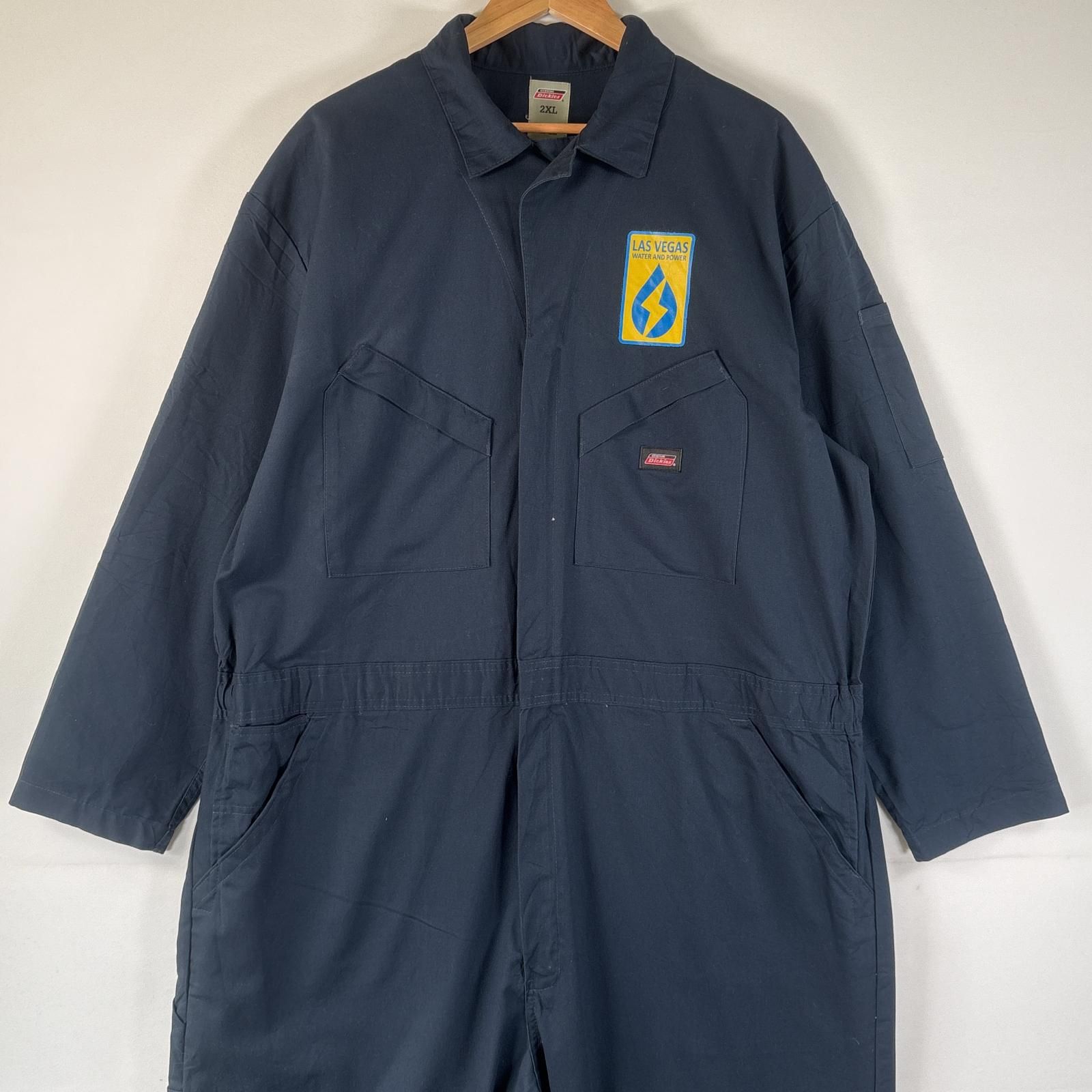 古着 ディッキーズ Dickies 長袖つなぎ オールインワン ワーク 作業着 大きいサイズ ワンポイントロゴ バックプリント サイドポケット XXL  ネイビー メンズ