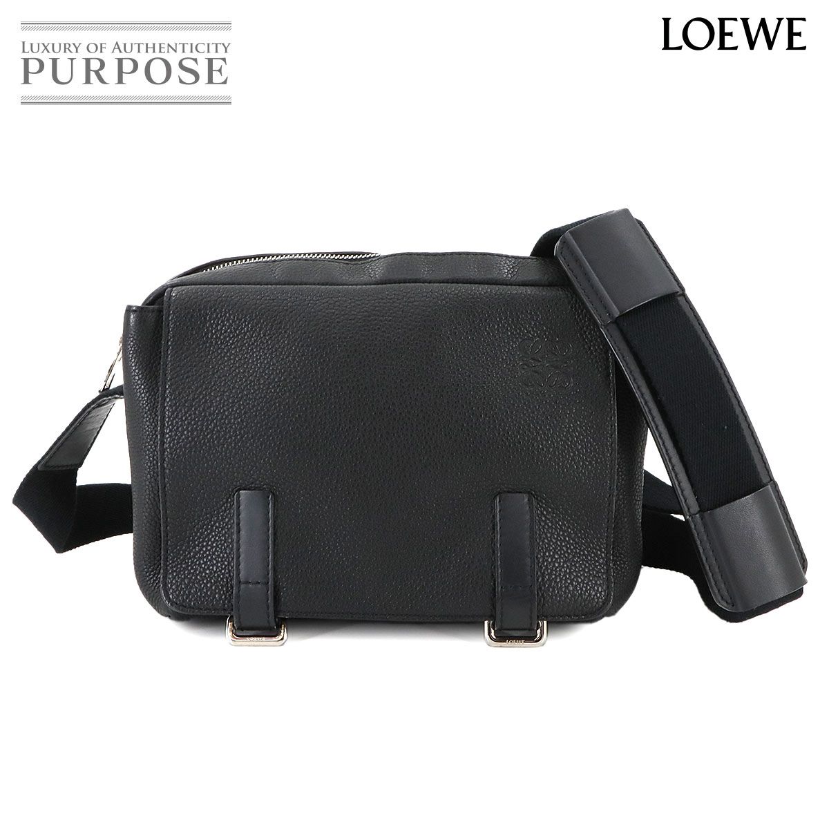 ロエベ LOEWE ミリタリー メッセンジャー XS ショルダー バッグ レザー ブラック シルバー 金具 90279114