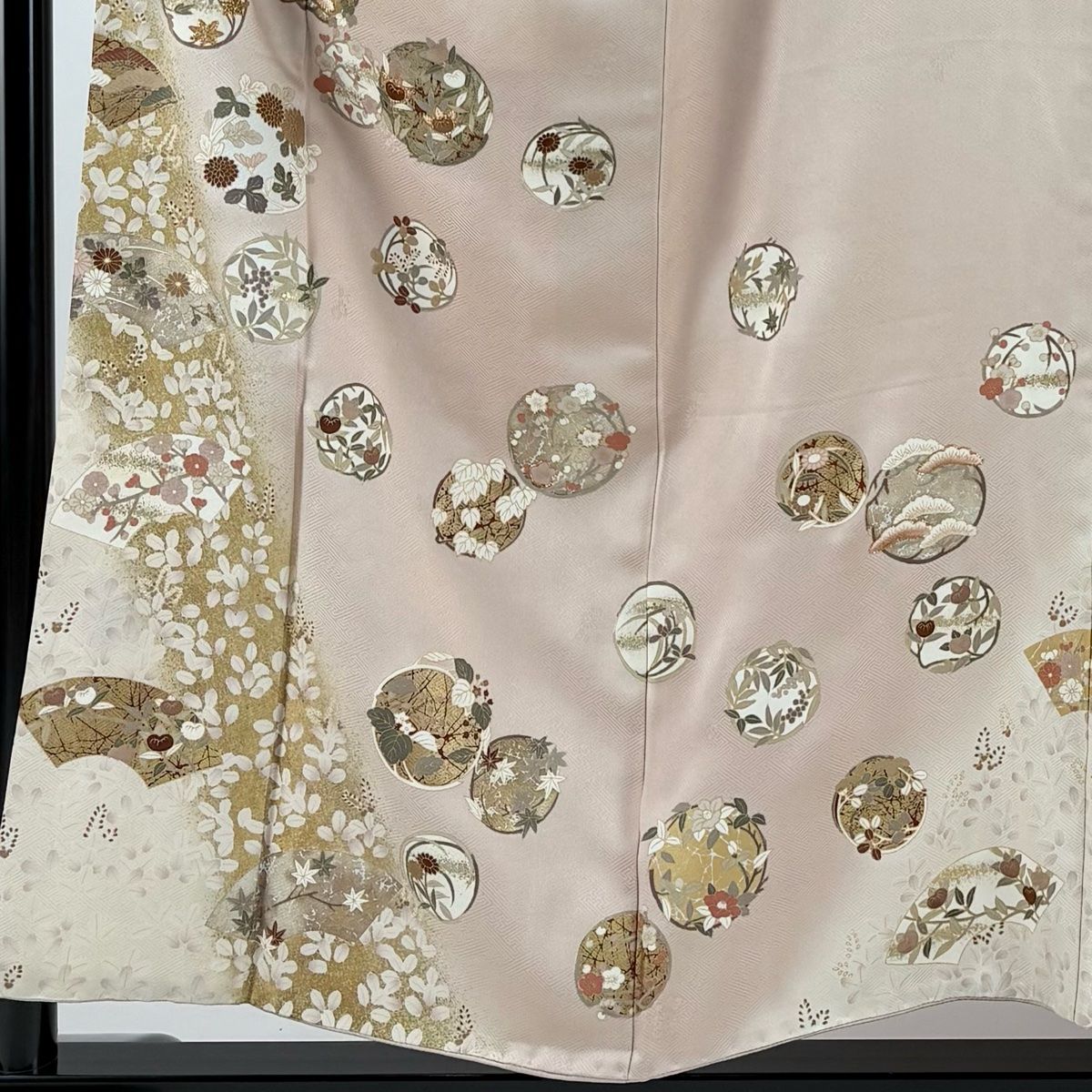 訪問着 身丈155cm 裄丈63.5cm S 袷 ますいわ屋 橘花 扇面 金糸 金彩 ピンク 正絹 名品 一つ紋