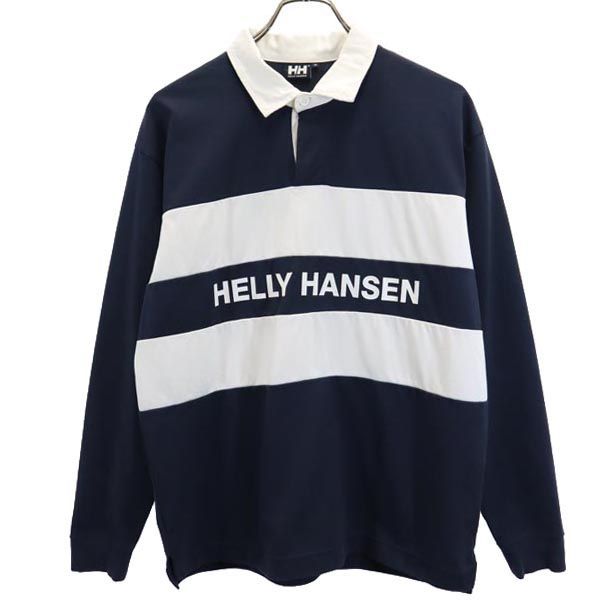 ヘリーハンセン ボーダー 長袖 ポロシャツ M ネイビー系 HELLY HANSEN ロゴ メンズ 古着 【231102】