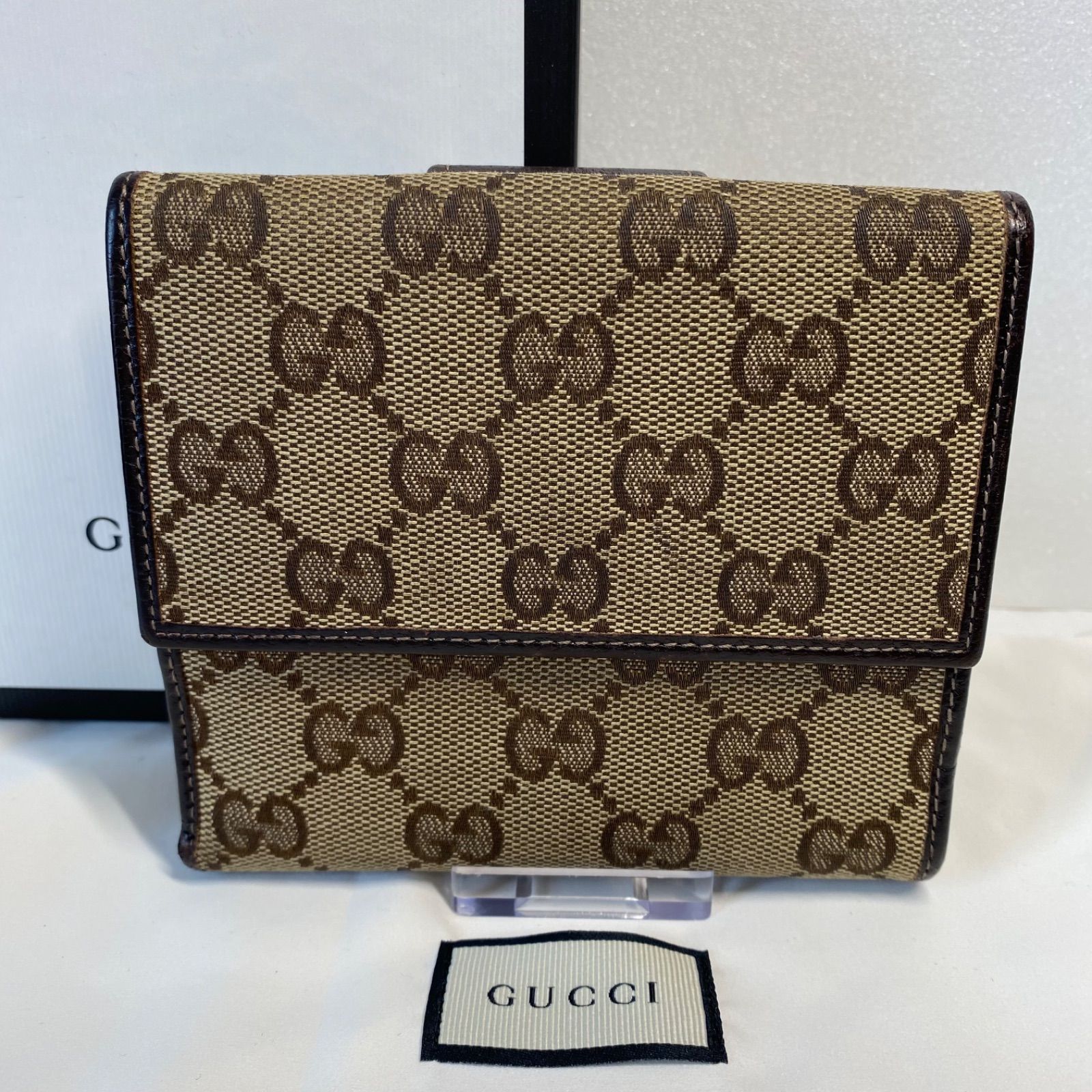 🧡極美品🧡GUCCI アビーGGキャンパス　折財布　ロゴ金具レザーブラウン　グッチ　シリアルナンバーあり！　1