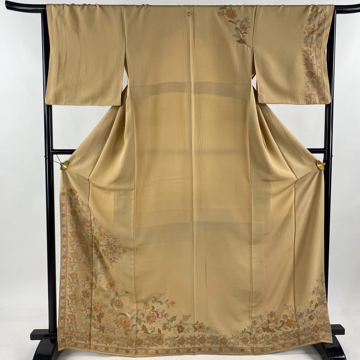 訪問着 身丈168cm 裄丈65cm M 袷 華文 草花 刺繍 ベージュ 正絹 一つ紋