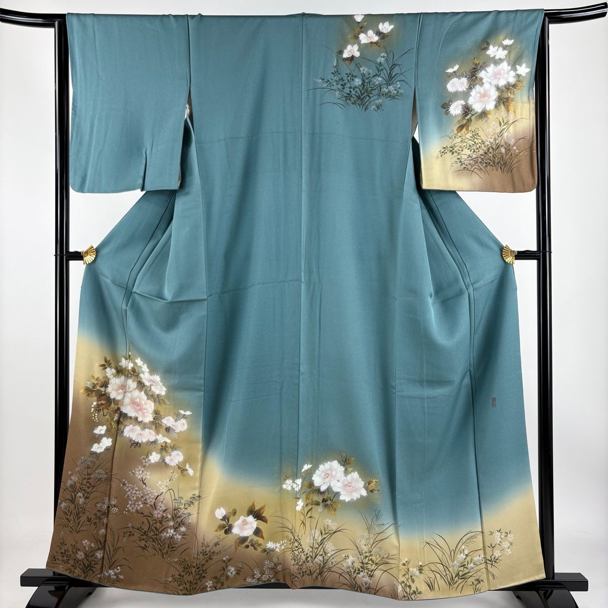 訪問着 身丈159cm 裄丈64cm M 袷 落款 牡丹 草花 金銀彩 金通し 灰緑 正絹 秀品