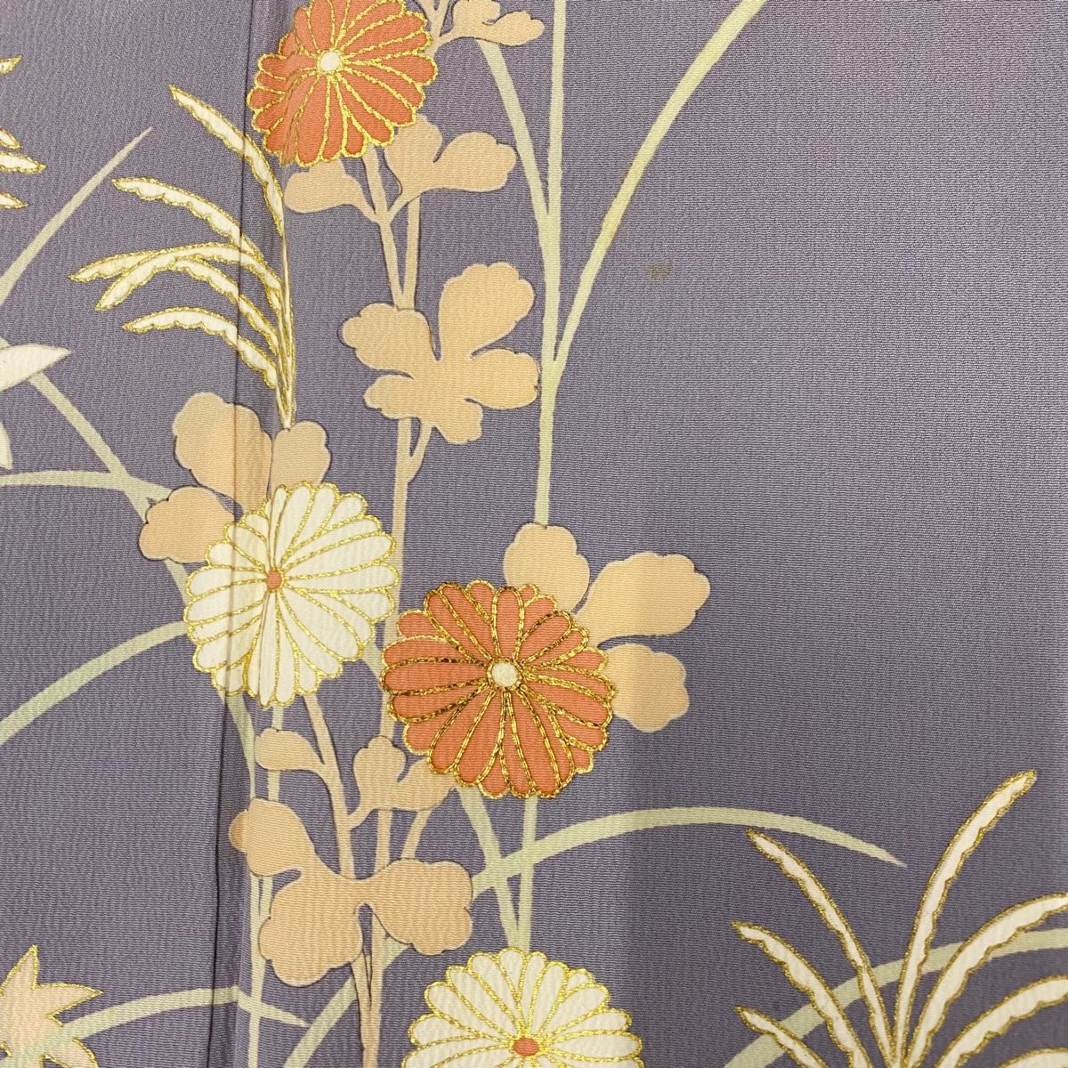 付け下げ 正絹 一つ紋 刺繍 金彩 扇 菊花 楓 着物 053t 着物・浴衣