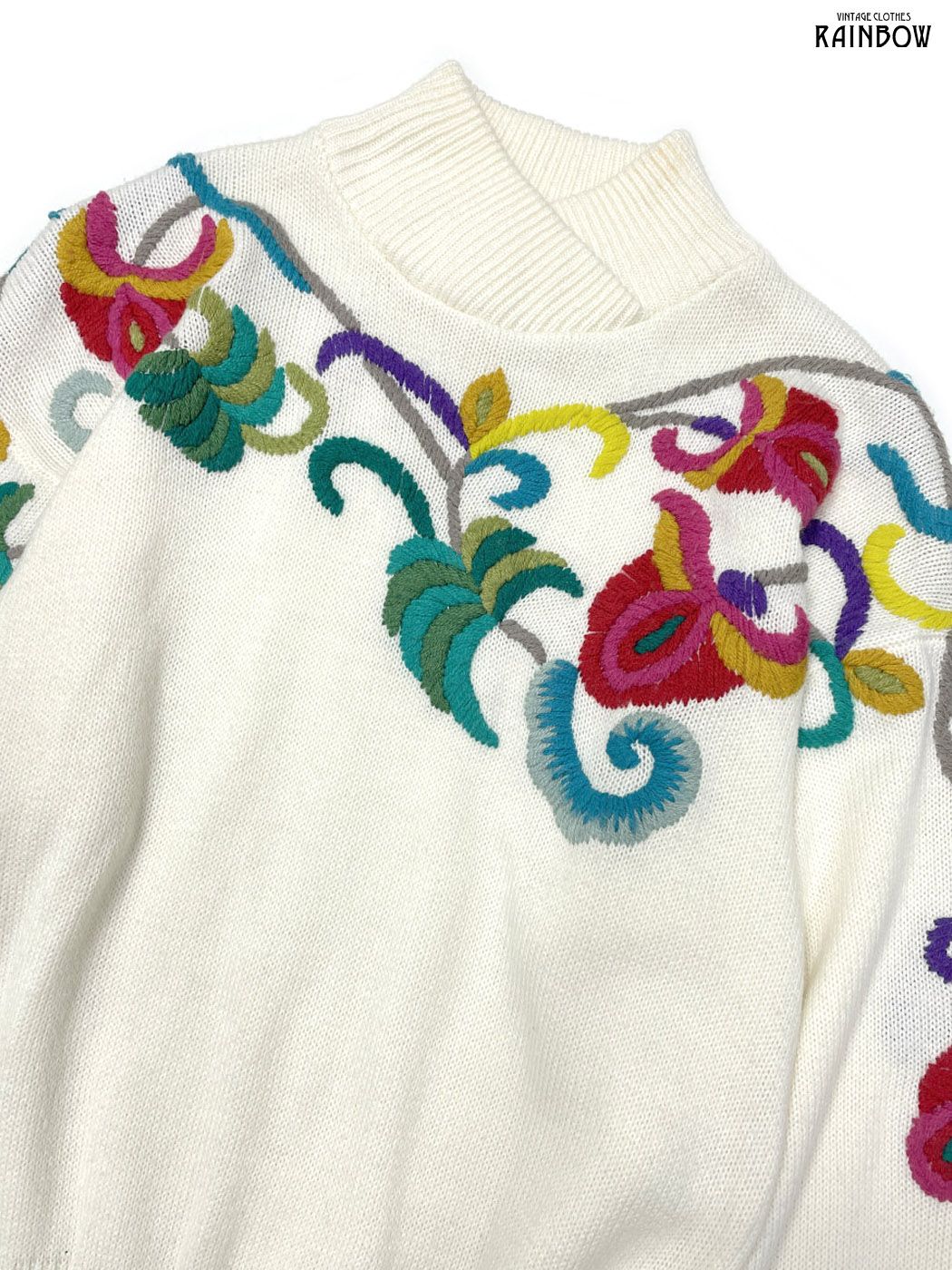 古着 Darian 花柄刺繍 無地 ロング丈 長袖 ニット ワンピース 白 生成り otu2510012