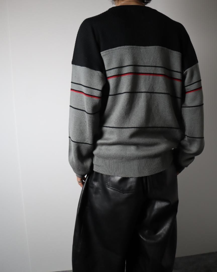 【vintage】黒×グレー デザイン ボーダー ルーズ ニット セーター L