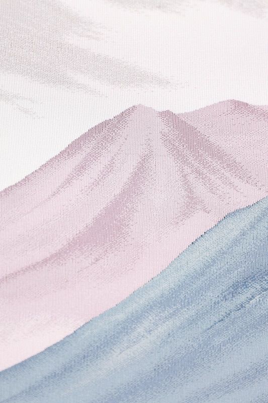 爪かき本綴名古屋帯　浅田綴　グレー　藍　薄紫　薄ピンク　アンデス山A 爪かき本綴名古屋帯 浅田綴 グレー 藍 薄紫 薄ピンク アンデス山A