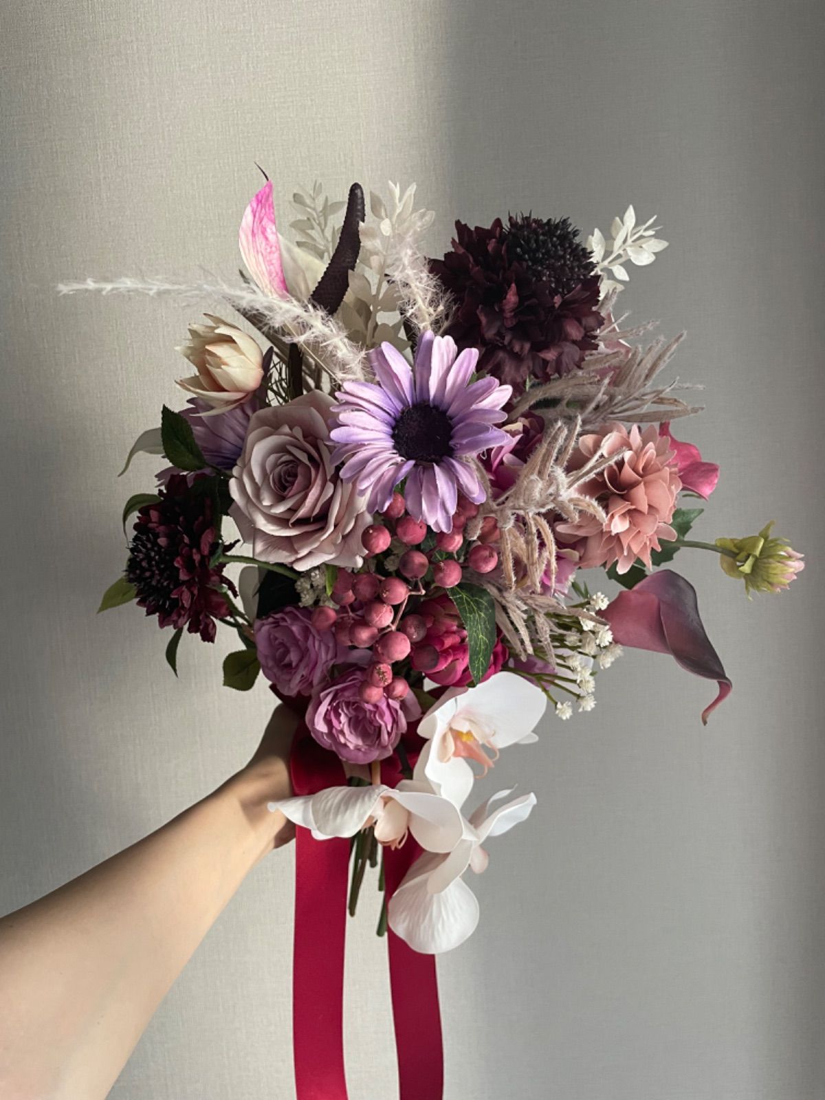 ウェディングブーケ ブートニアアーティフィシャルフラワー　ピンク　紫　ボルドー 受注生産】ブーケ ブートニア ウェディングブーケ 造花ブーケ