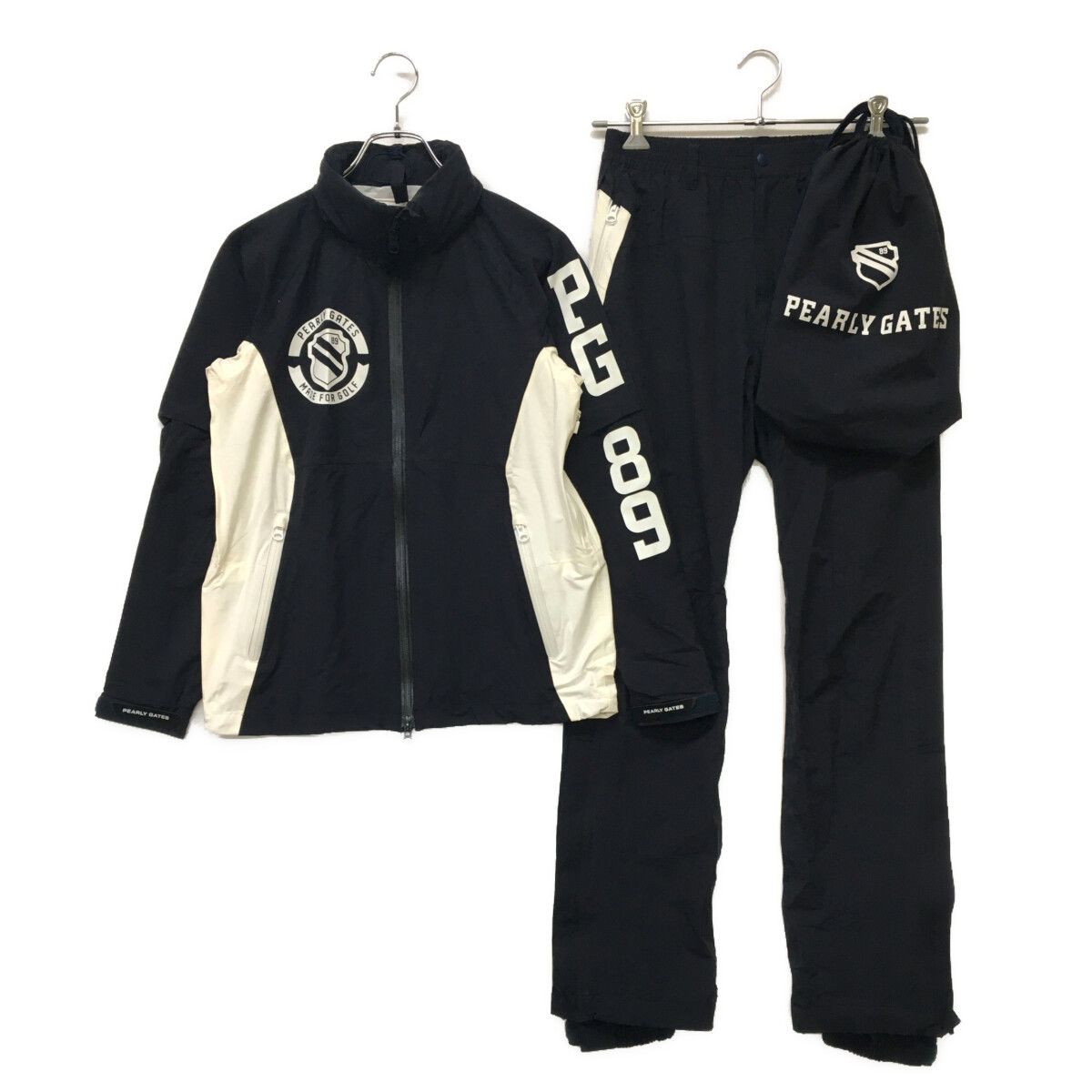 中古 レディース パーリーゲイツ PEARLY GATES レインウエア 0(S) 紺 白 2WAY 上下 収納袋付き