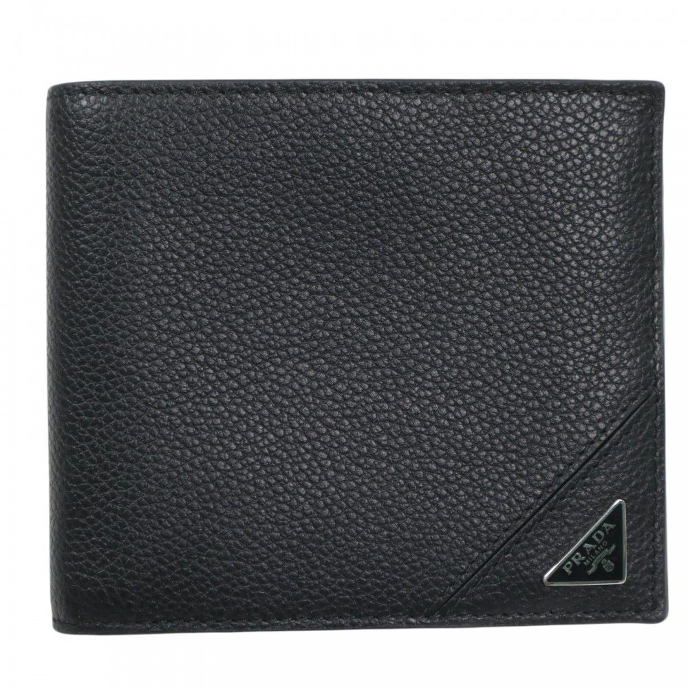 プラダ 二つ折り財布 メンズ トライアングルロゴ コンパクトウォレット PRADA 2MO513 レザー ブラック 黒 シルバー金具