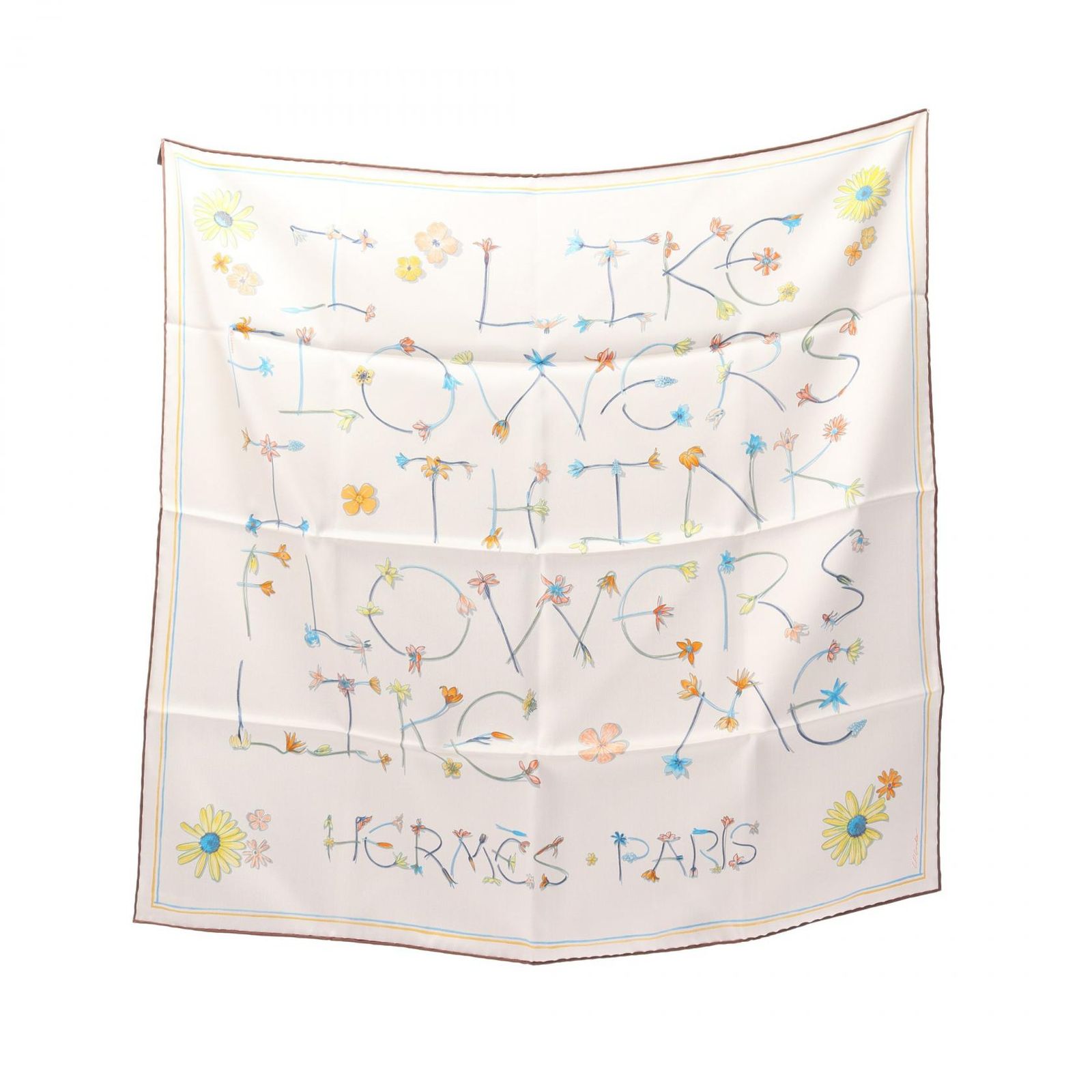 エルメス HERMES スカーフ カレ70 I LIKE FLOWERS ブラウン×ホワイト