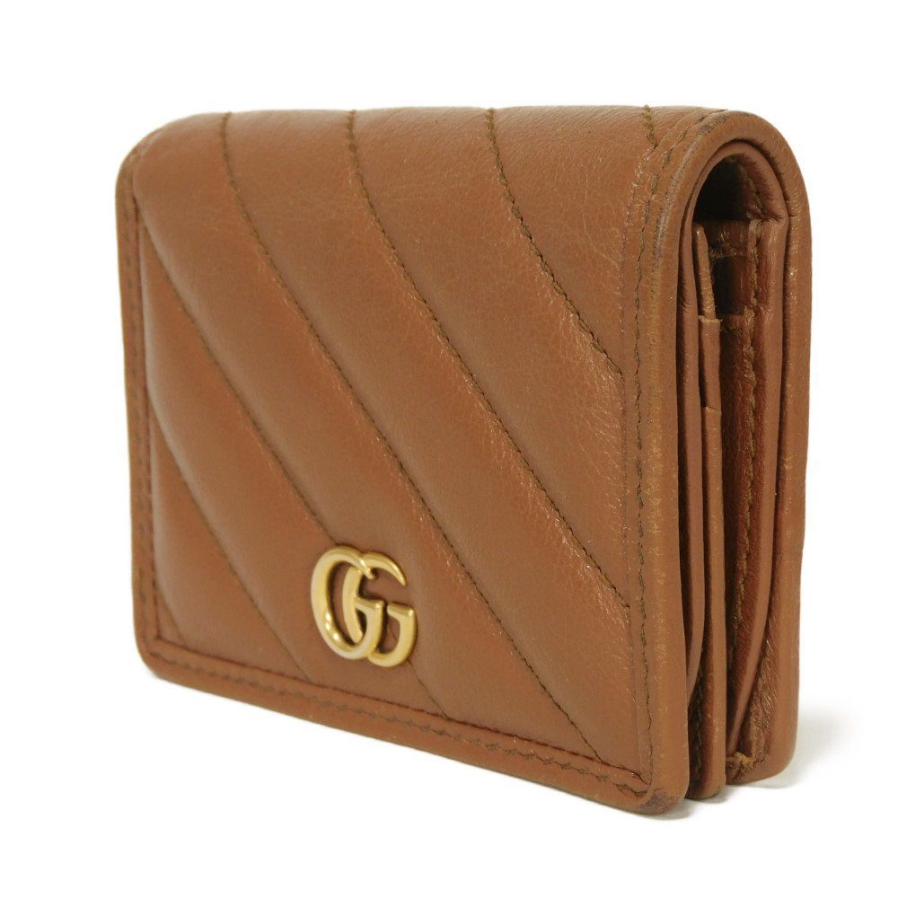 GUCCI グッチ ダブルG コンパクト ウォレット ダイゴナル キルティング ステッチ カーフ 札入れ カードケース コインケース GGマーモント ブラウン 二つ折り財布 466492 0OLFT 2535