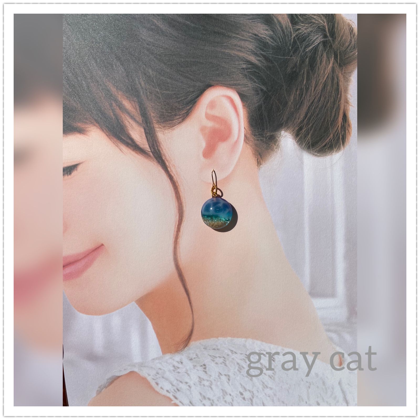 送料無料・波間と星の砂のピアス丸-gray catハンドメイドアクセサリー