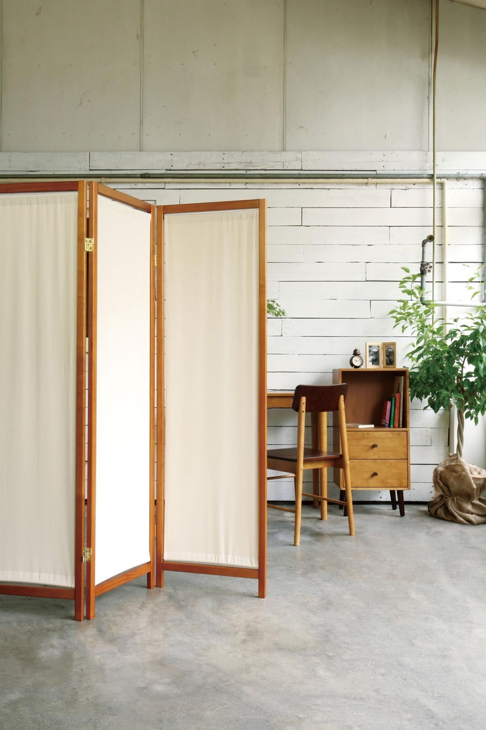 ブラウン 3連 帆布 間仕切り スクリーン 木製 パーテーション J-kitchens
