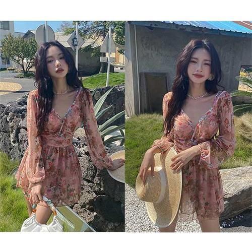 盛れる袖シフォンAラインワンピース水着