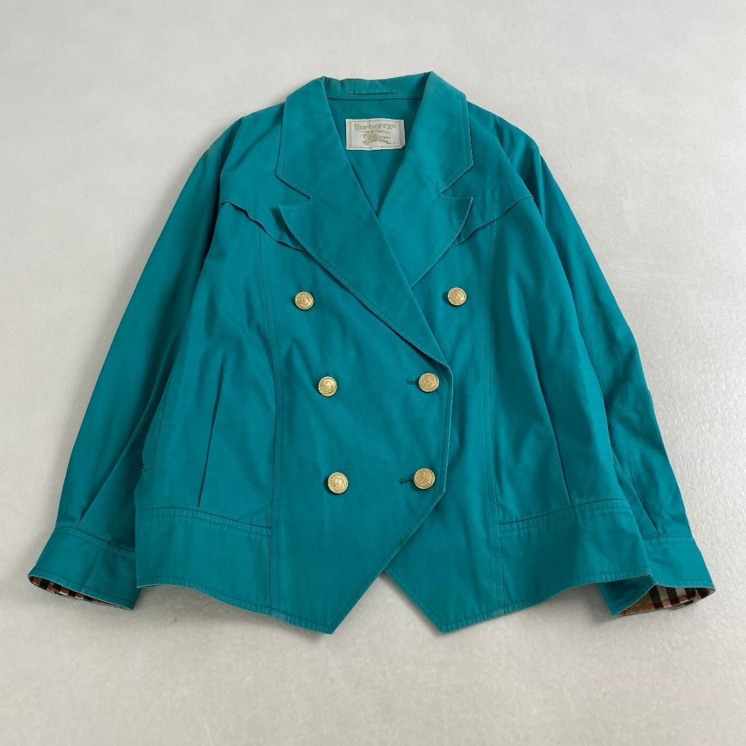 バーバリーズ セットアップ ノバチェック 金ボタン 白タグ Burberrys ジャケット スカート ヴィンテージ ターコイズブルー 13BR L XL相当