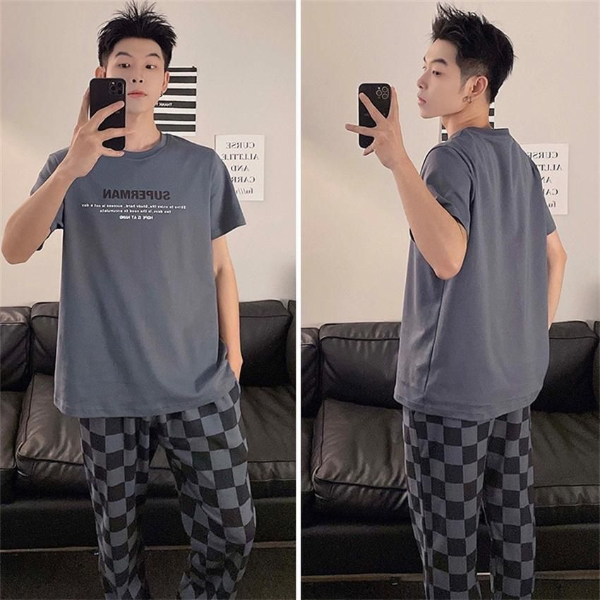 部屋着 メンズ パジャマ Tシャツ 半袖 丸首 長ズボン ルームウェア ロングパンツ チェック柄 カジュアル服 父の日 運動着 学生 夏 男子セットアップ