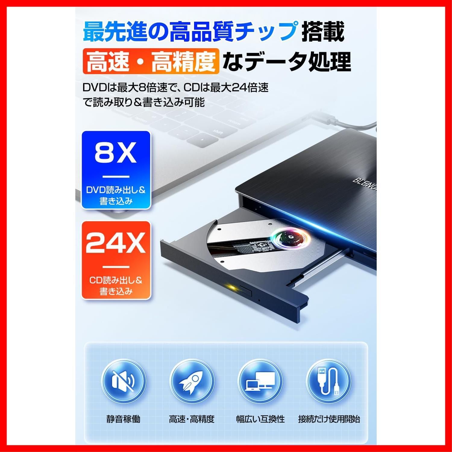 特価商品】【2024革新モデル】 外付けDVDドライブ 極静音 CD DVD