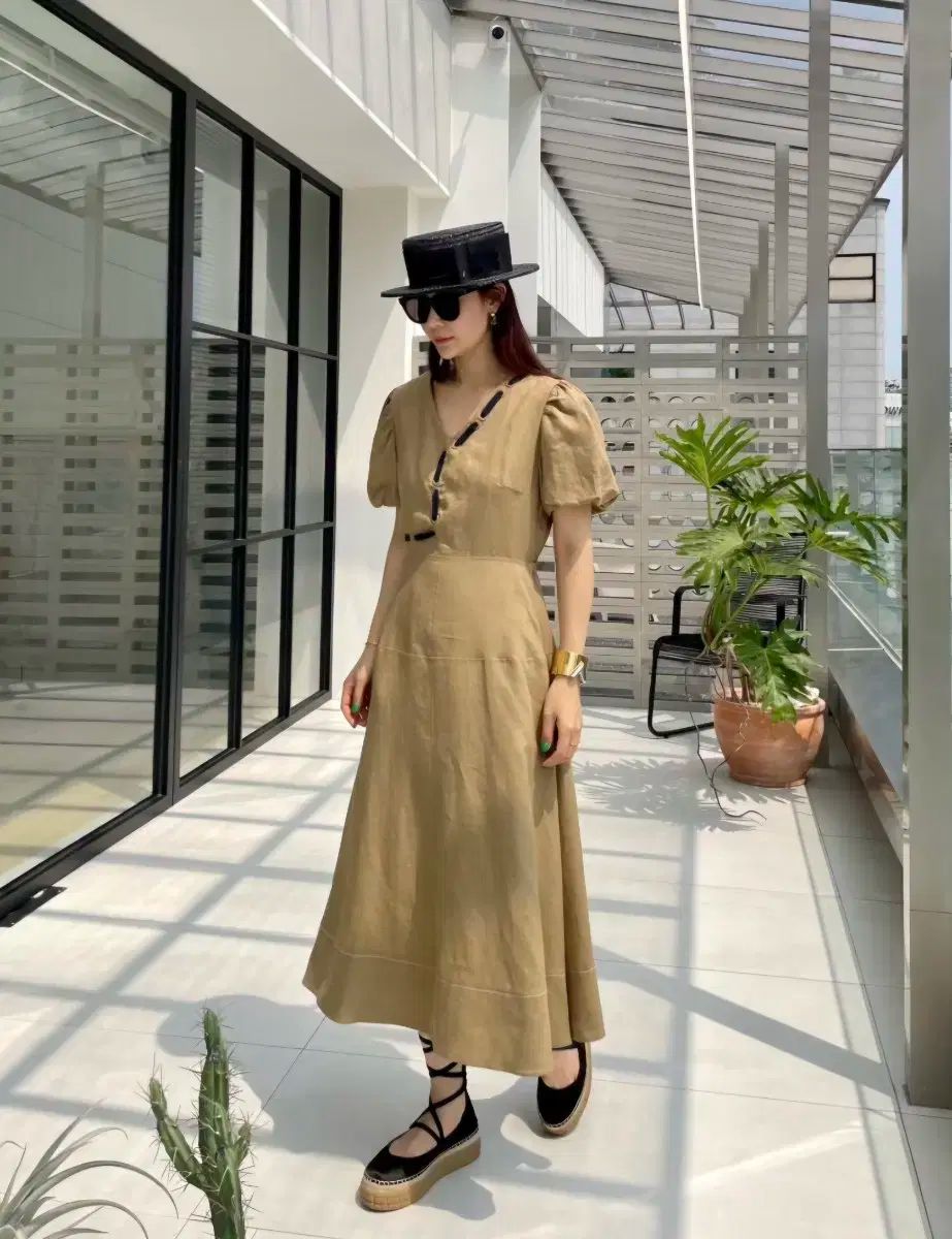 リネン パフ ロング丈ワンピース