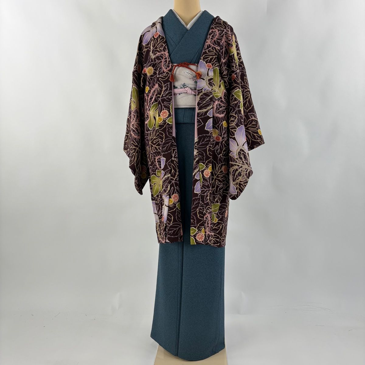羽織 身丈95cm 裄丈64cm M 菊 金彩 縮緬 茶紫 正絹 名品