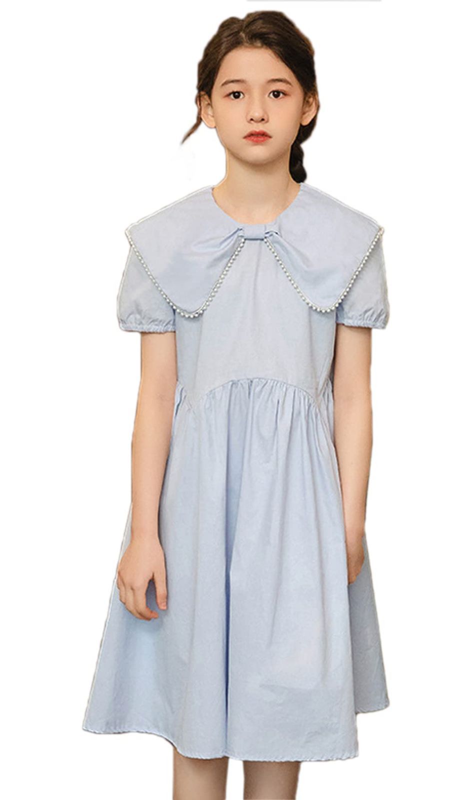Size:140_Color:ライトブルー [ハニー ベービー] 子供ドレス 発表会 女の子 ドレス 学園風ワンピース 半袖 キッズワンピース 入学式 入園式 普通着 (ライトブルー，140)