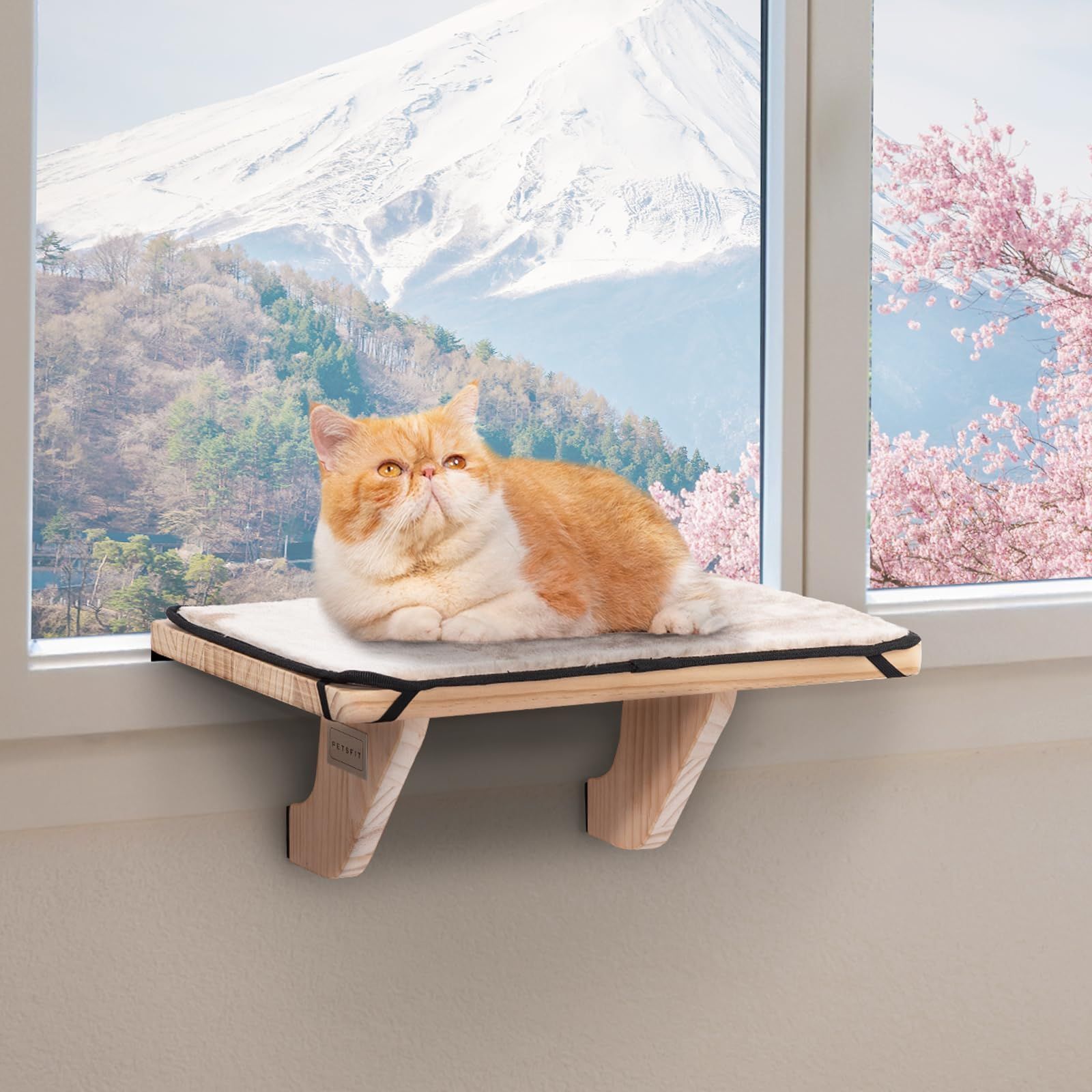 しかっりした物理構造 窓用座り台 キャットウォーク 木製 賃貸 ウィンドウベッド 日向ぼっこ 猫ハンモック 日光浴 マット付き 取り付け式 窓用ハンモック 水洗い 耐用 安定 猫窓ベッド 組み立て簡単 取り外し なマット ストレス解消 Petsfit