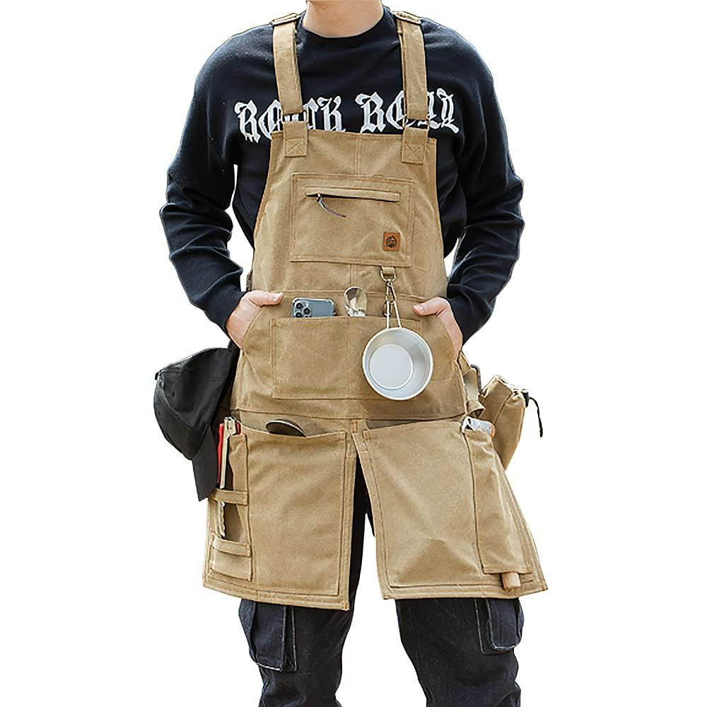 BBQ エプロン エプロン 焚き火 耐熱 生地 エプロン 防護 キャンバス キャンプ 前掛け カフェエプロン ワークエプロン アウトドア 作業用 職人 [Makalu] フリーサイズ 男女可