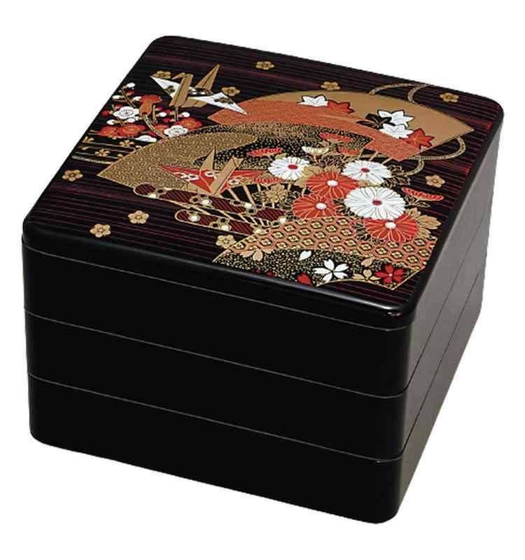 J-kitchens 重箱 3段 8寸 お重箱 黒扇面 24.1cm x 24.1cm x 17.4