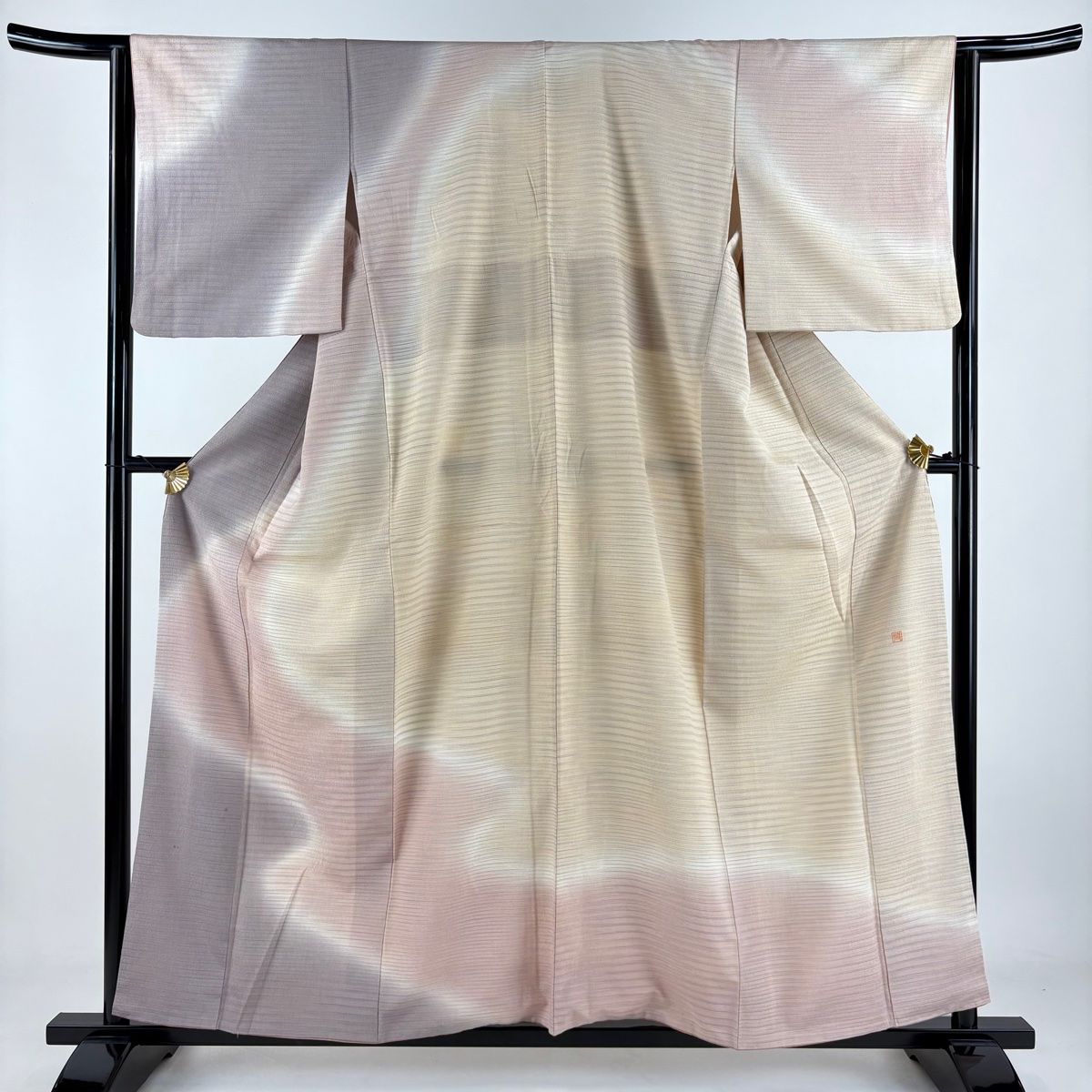 訪問着 身丈157cm 裄丈63cm S 袷 紬地 落款 縞 霞 ぼかし 灰紫 正絹 秀品