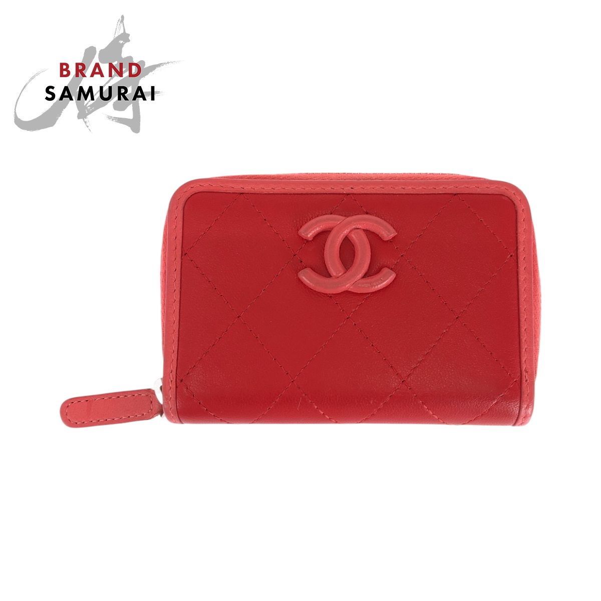 CHANEL シャネル マトラッセ ココマーク レッド ピンク シルバー金具 ラムスキン コンパクトウォレット コインケース 504550