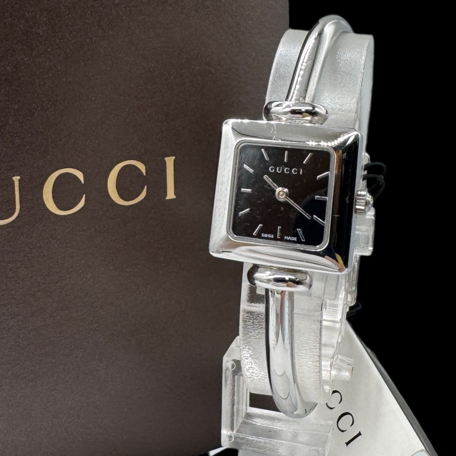 電池稼働 GUCCI グッチ 1900L 黒文字盤 レディース腕時計 スクエア ブレスウォッチ SS シルバー クォーツ