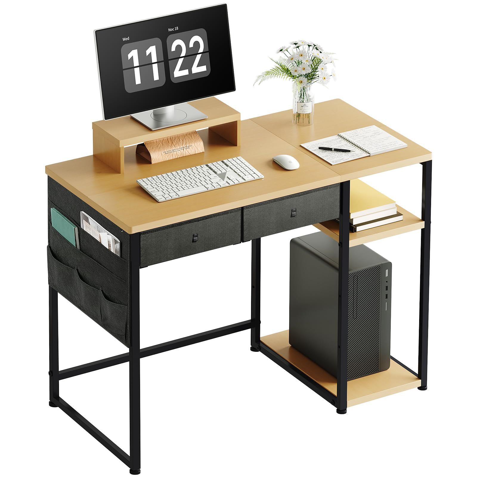 【人気商品】ラック付きデスク  パソコンテーブル 事務机 子 desk 引き出し付きデスク computer ワーキングデスク オフィスデスク 幅100cm×奥行48cm 勉強机 テレワークデスク 学習机 作業机 つく