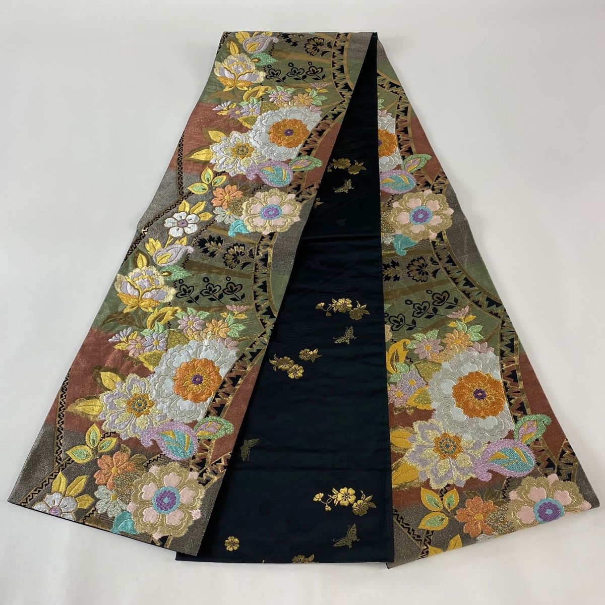 袋帯 秀品 草花 段縞 刺繍 金銀糸 赤茶 全通 正絹 【中古