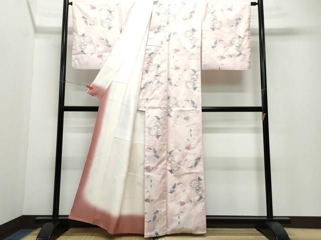 本場縞大島紬 付下げ訪問着 正絹 染分け 華文 花唐草 吉祥文様 イ6028