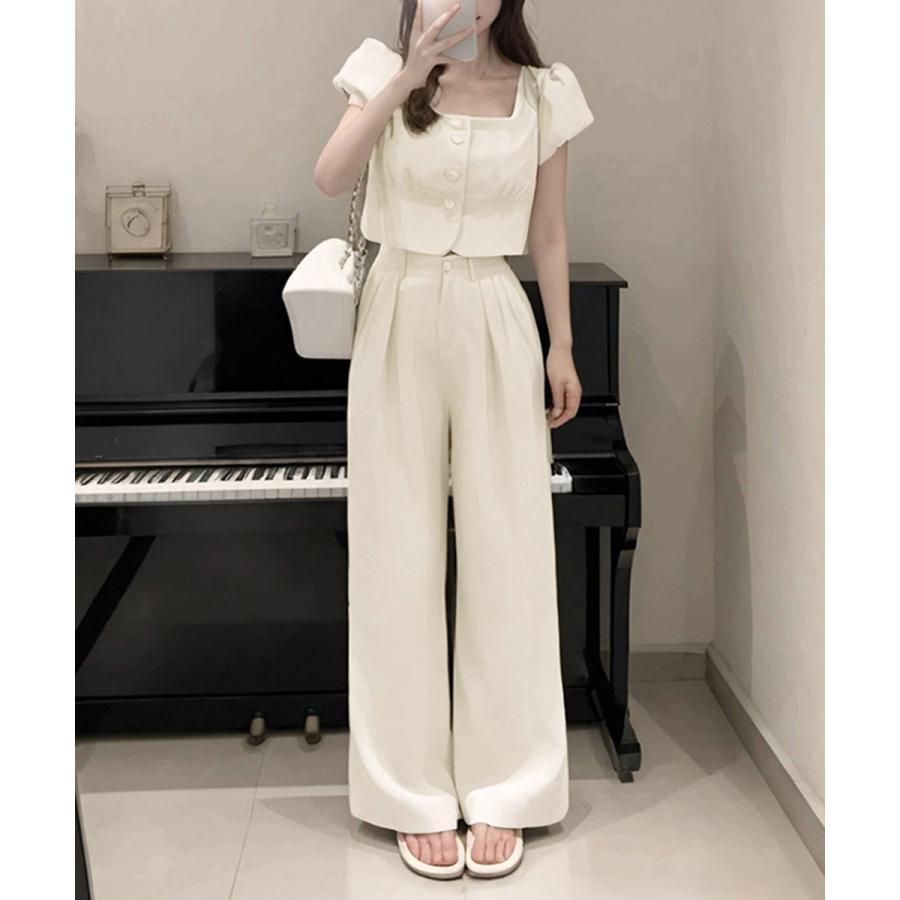セットアップ春夏半袖トップスワイドパンツ