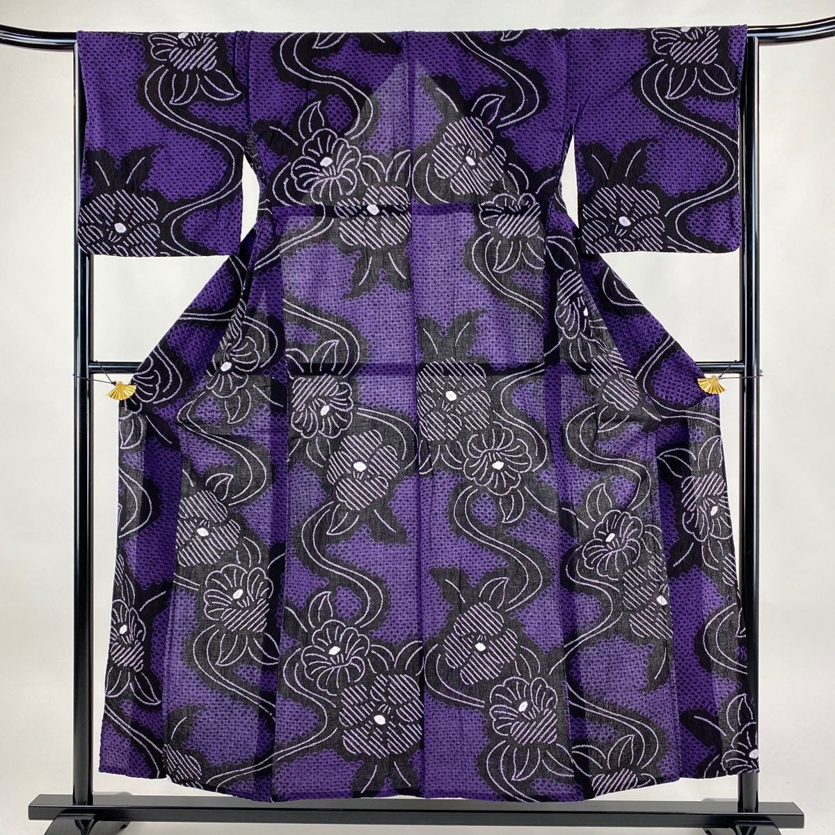 浴衣 身丈153cm 裄丈66.5cm M 絞り浴衣 椿 紫 綿 名品