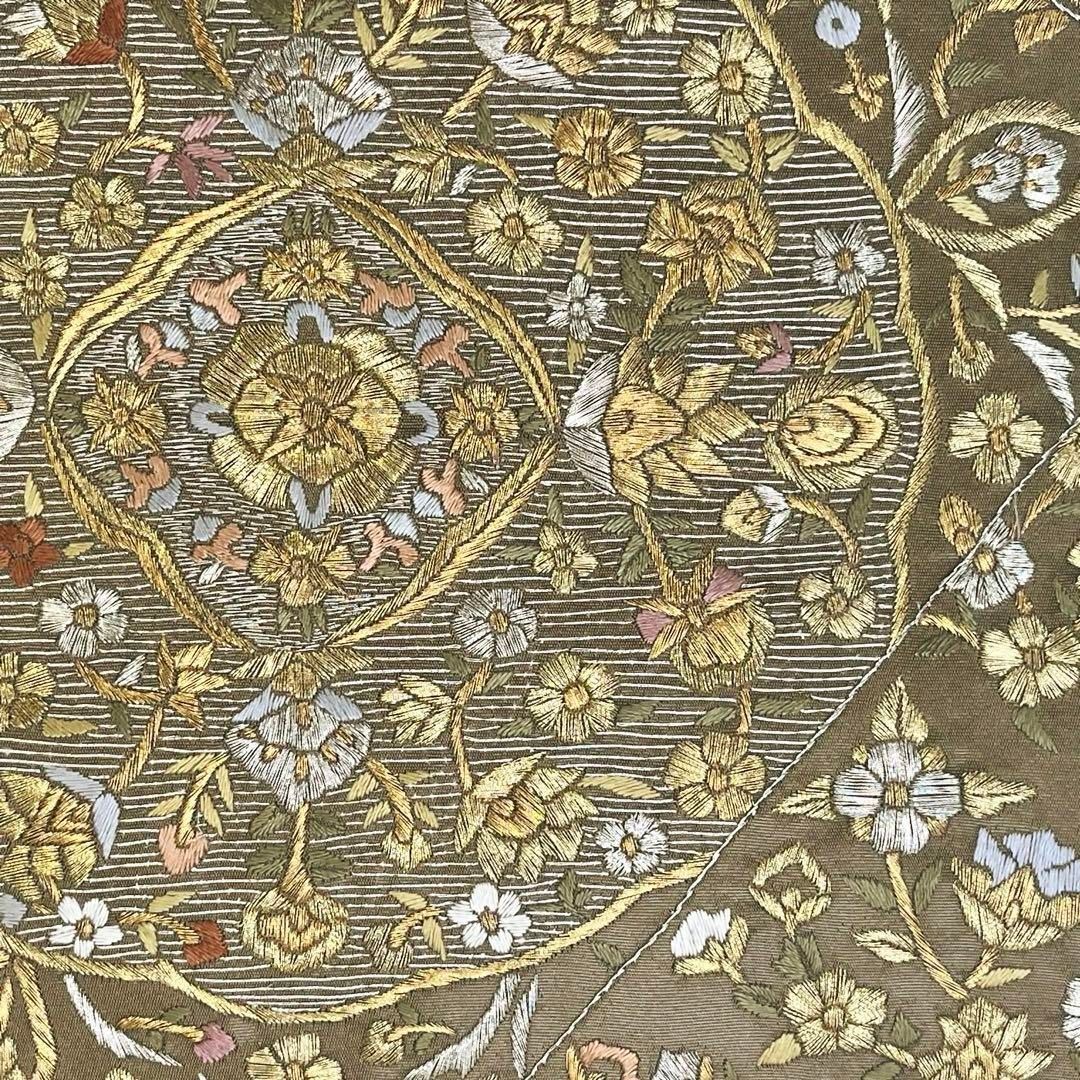 袋帯 総刺繍 美しい金銀の煌びやかな花模様 千歳茶色 O-4130 袋帯 総刺繍 美しい金銀の煌びやかな花模様 千歳茶色 O-4130
