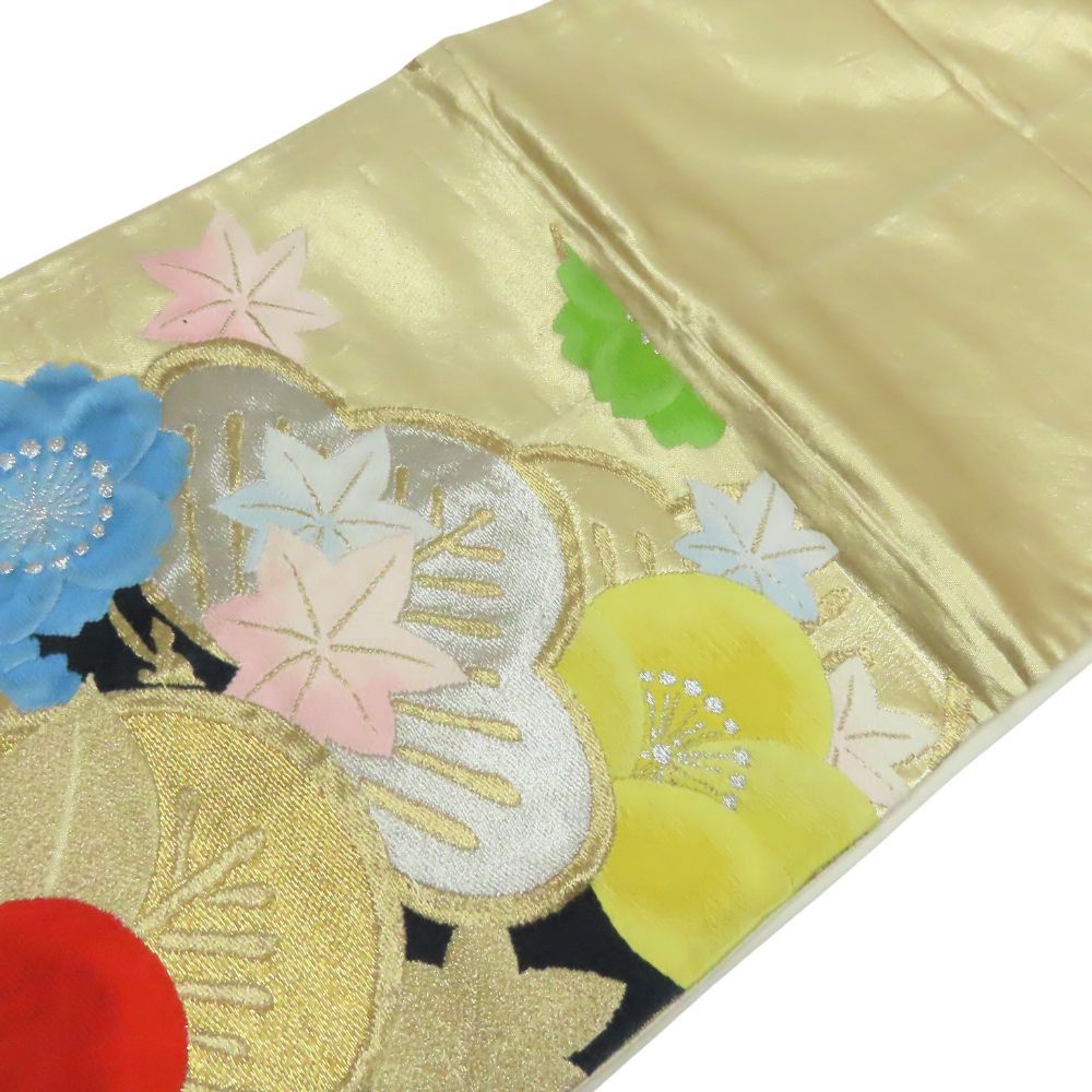 中古】 袋帯 正絹(金銀糸除く) ゴールド マルチカラー 草花柄 リメイク  