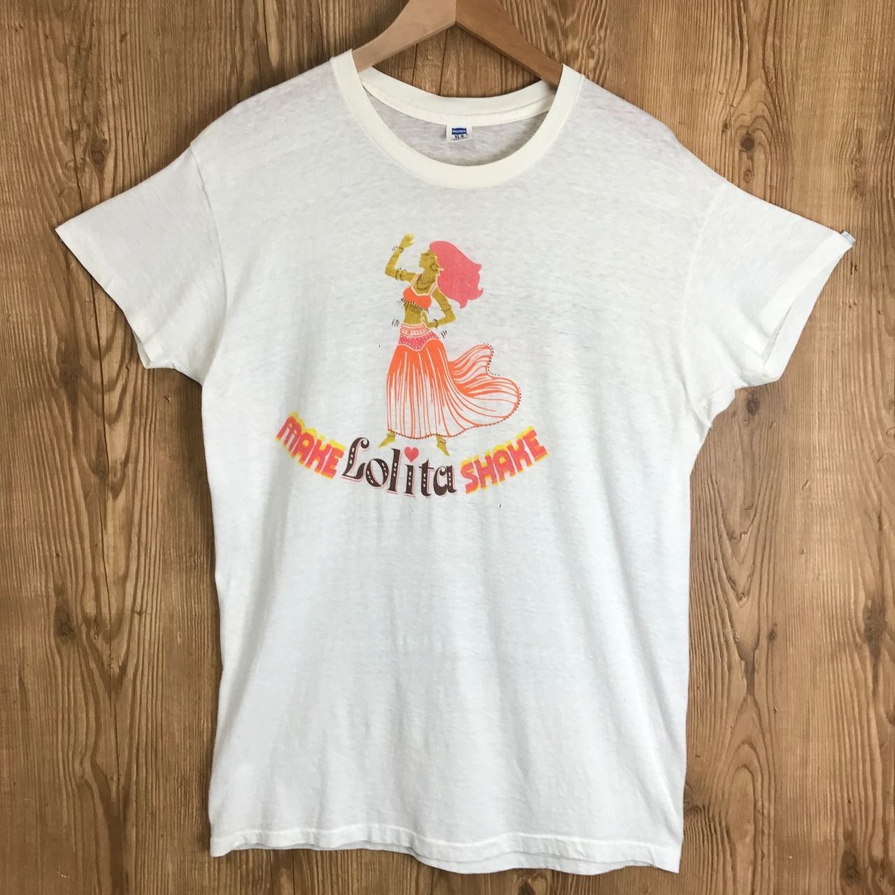 70s Caffe Lolita 染み込み 両面プリント 半袖 T-sh Tシャツ サイズ メンズ XL 70年代 企業物 アルコール リキュール お酒 古着 s24071637
