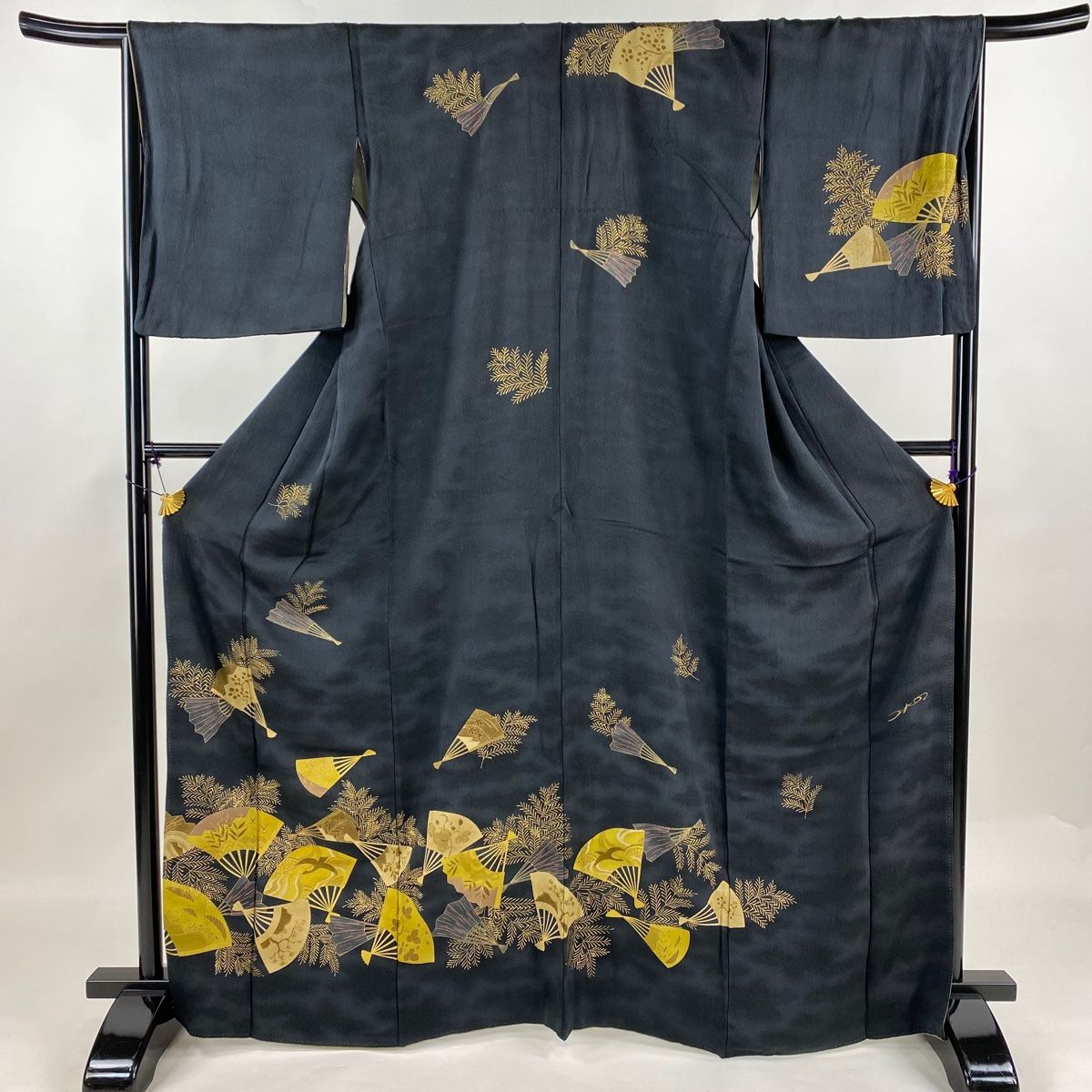 訪問着 身丈166.5cm 裄丈68cm L 袷 コシノヒロコ 落款 扇 葉柄 金彩 墨色 正絹 名品