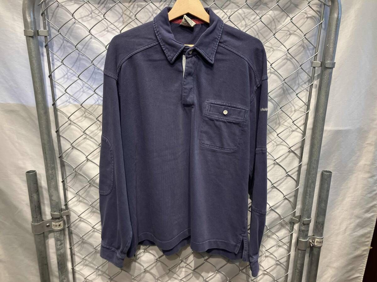 90s 香港製 STUSSY 白タグ スウェットポロシャツ 長袖ポロシャツ ネイビー ステューシー