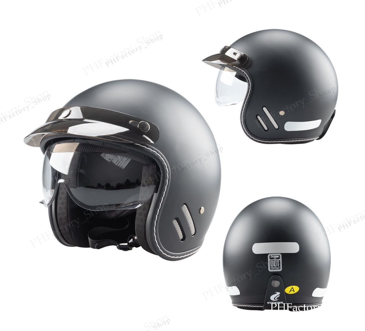 送料無料 バイク ヘルメット バブルシールド付き ジェットヘルメット 3|4型 開閉式バブルシールド DOT 超軽量 耐衝撃 オールシーズン 男女兼用 マットブラック A69