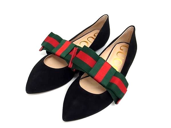 GUCCI グッチ シェリーライン スエード リボン パンプス 表記サイズ 35 1 2 約22.5cm 靴 シューズ ブラック系 FU2140