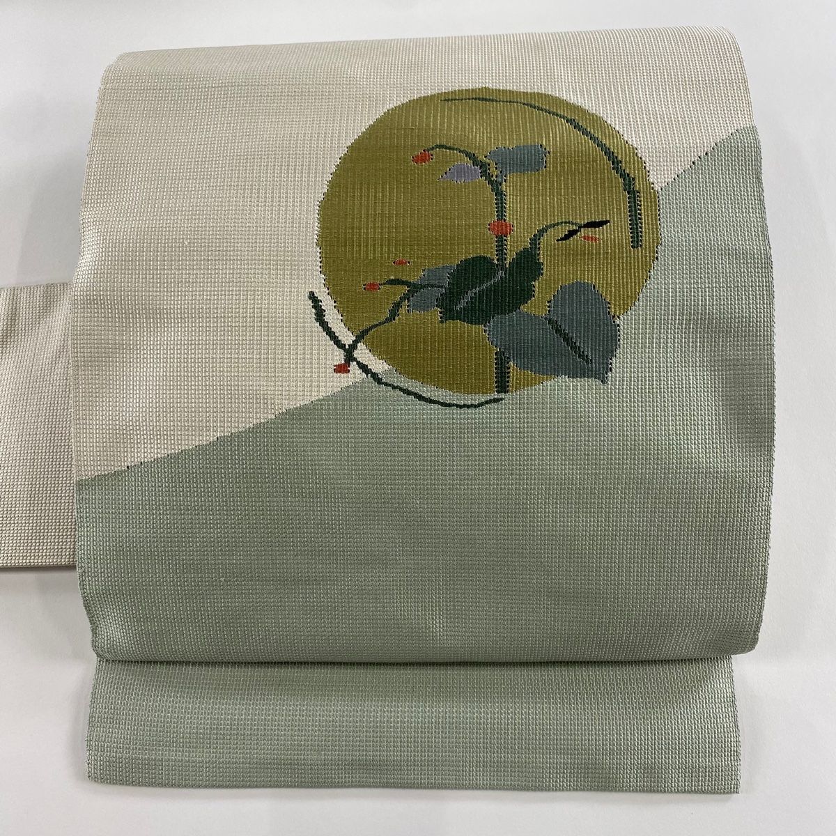 名古屋帯 秀品 丸紋 葉柄 クリーム 正絹